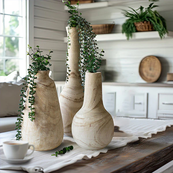 Hand Carved Tall Wooden Vases, Set of 3