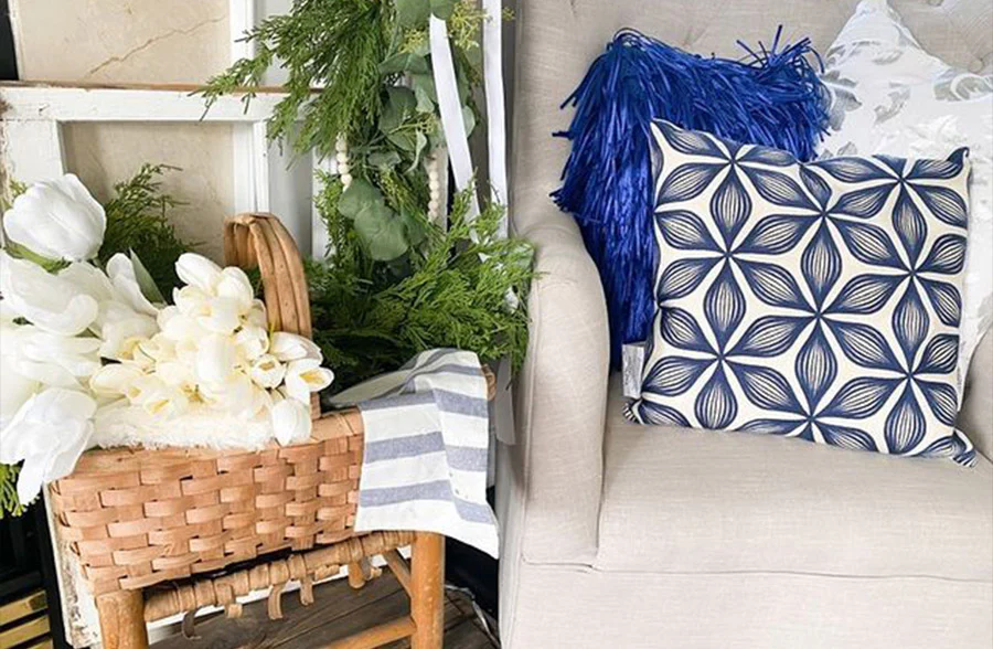 Navy and White Patterned Pillows, Set of 2
