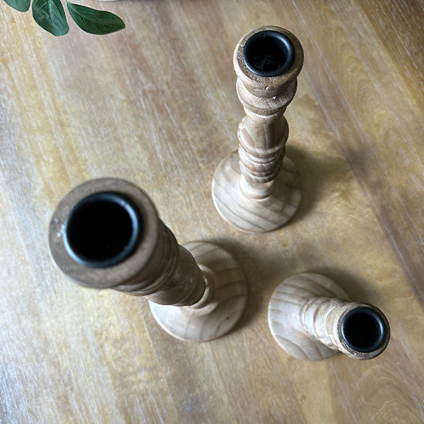 Carved Wooden Candlesticks, Set of 3