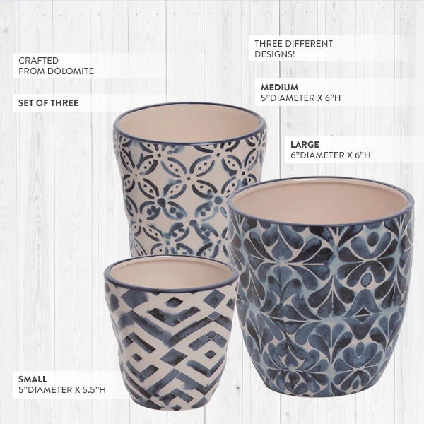 Patterned Spring Blue Planters, Set of 3