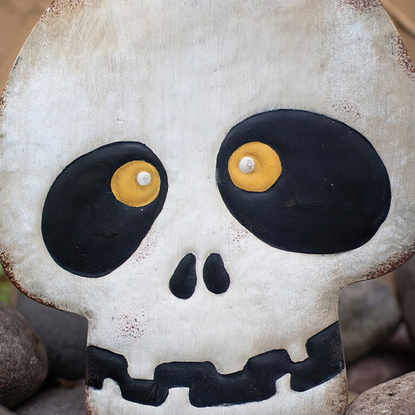 Painted Metal Halloween Skull with Bats Yard Art