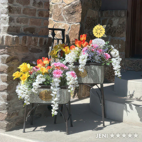 Farmhouse Galvanized Metal Planters with Stands, Set of 2