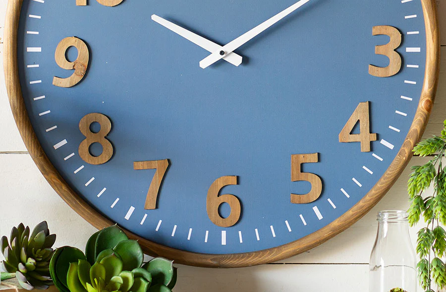 Blue Wall Clock with Wooden Numbers