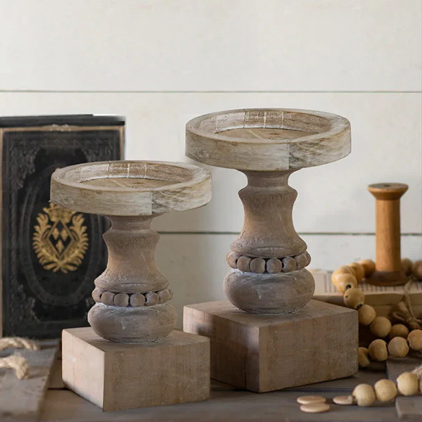 Whitewashed Beaded Candle Holders, Set of 2