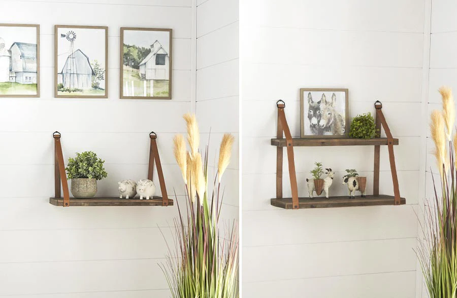 Floating Wall Shelf with Faux Leather Straps, Pick Your Size