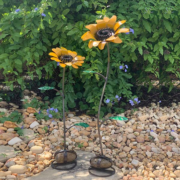 Metal Sunflowers on Rock Bases, Set of 2