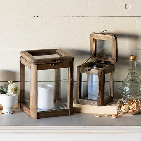 Wooden Framed Box Candle Holders, Set of 2
