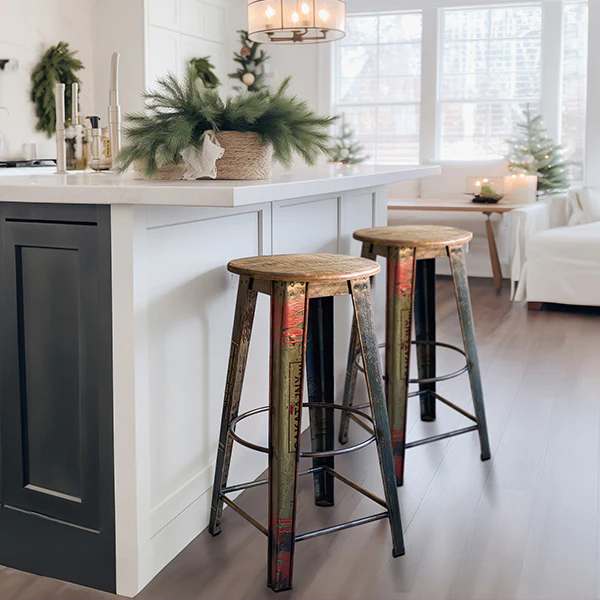 Recycled Metal Bar Stool with Wooden Top