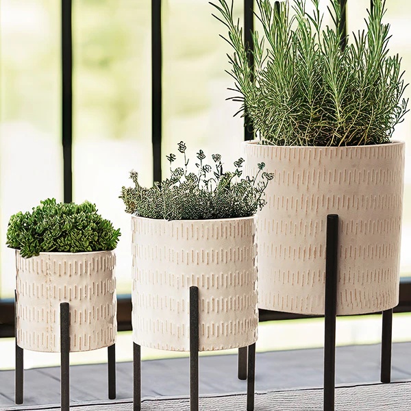 Textured Metal Planters with Stands, Set of 3