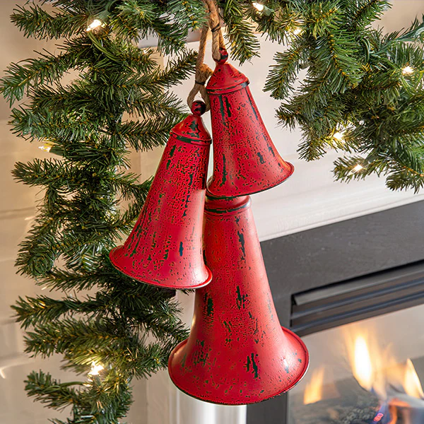 Distressed Red Metal Christmas Bells, Set of 3