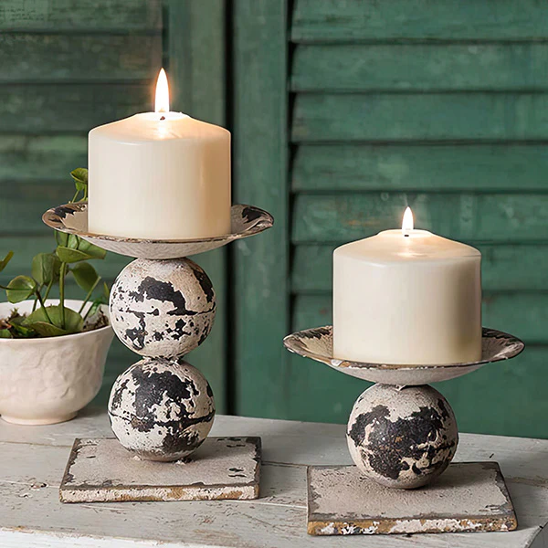 Distressed Sphere Pillar Candle Holders, Set of Two