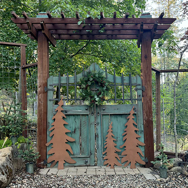 Rustic Distressed Metal Outdoor Trees with Yard Stakes, Set of 3