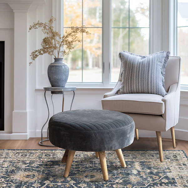 Steel Blue Velvet Ottoman