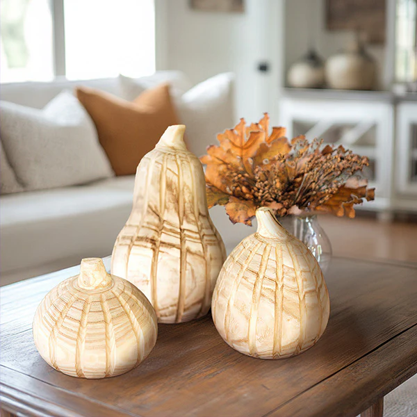 Natural Carved Wood Pumpkins, Set of Three