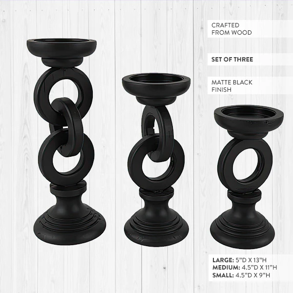 Black Ring Wood Candle Holders, Set of 3