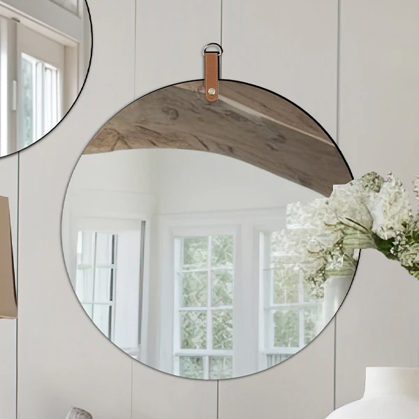 Round Wall Mirror with Leather Like Hanger, Pick Your Size
