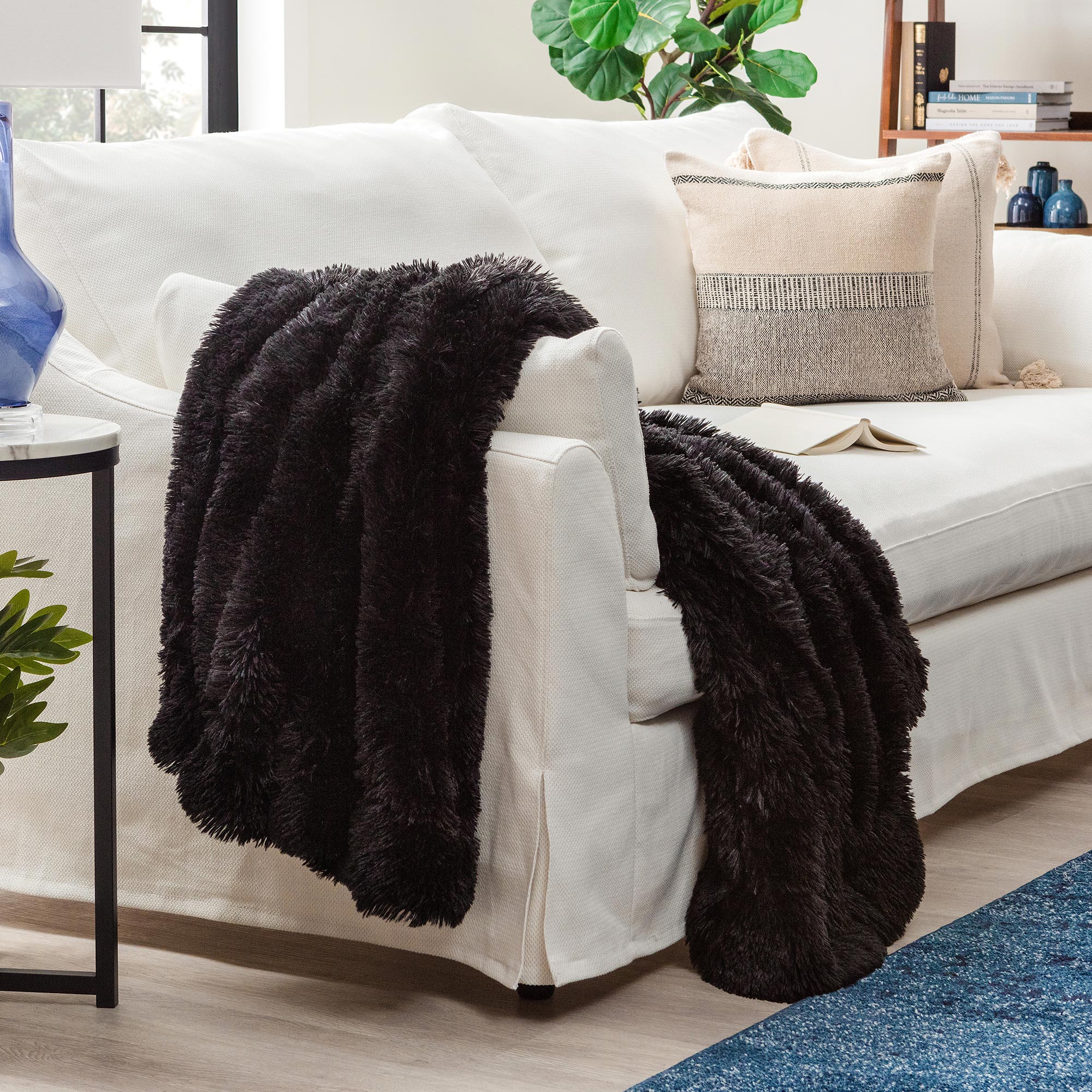 Solid Faux Long Fur Throw Blanket