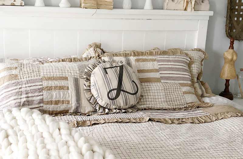 Ruffled Feedsack Monogrammed Pouf Pillow