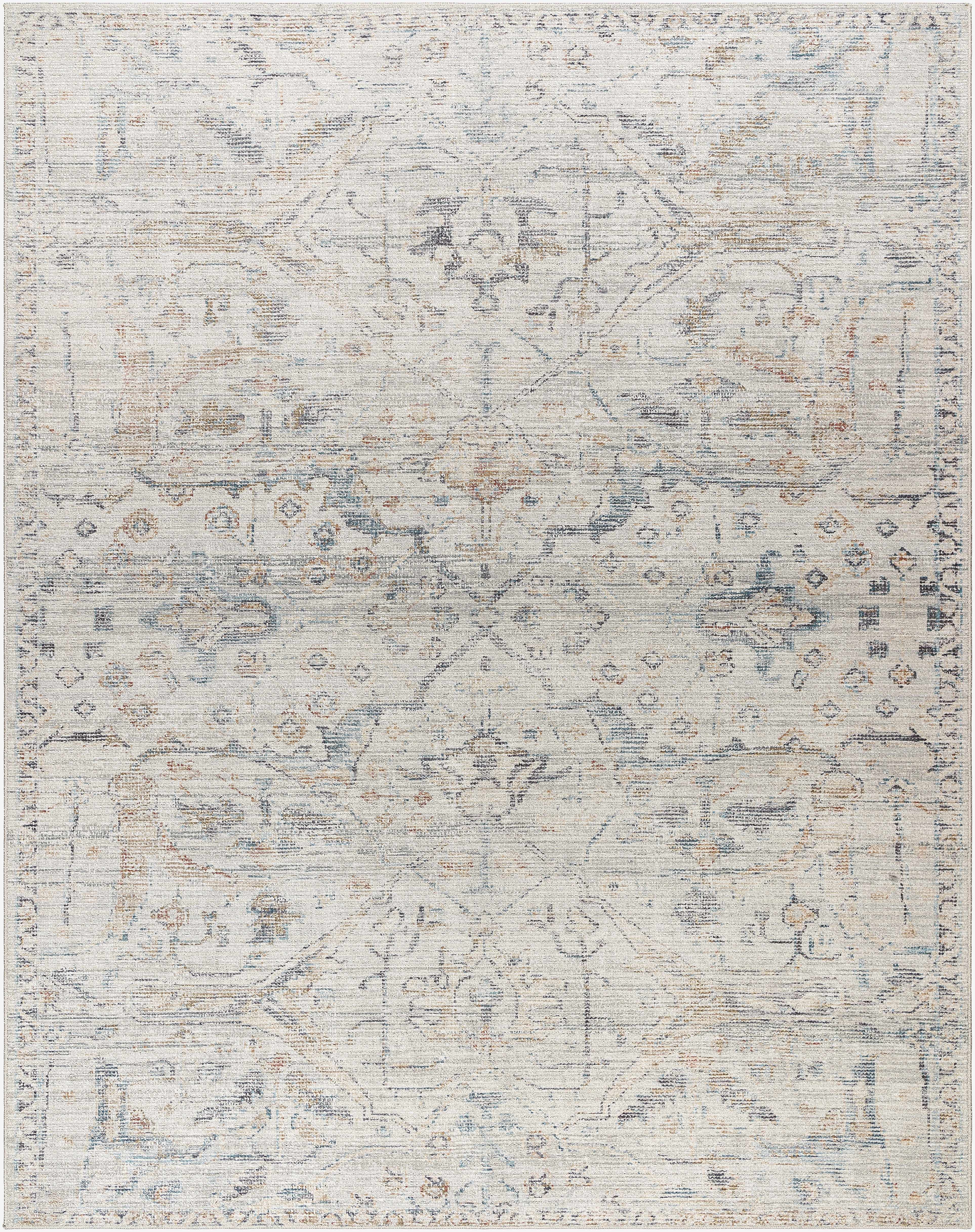 Damask Off White & Blue Area Rug