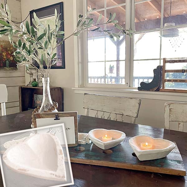Whitewashed Heart Shaped Dough Bowls, Set of 2