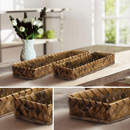 Woven Rectangular Tray Baskets with Leather Handles, Set of 2