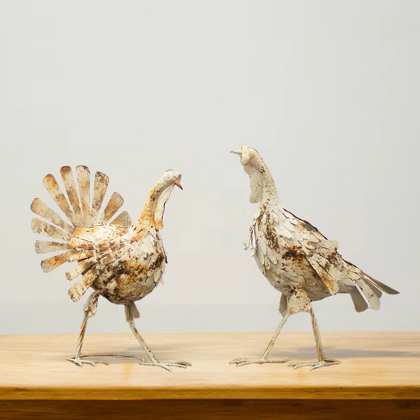 Distressed White Metal Turkeys, Set of Two