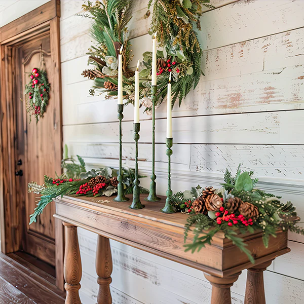 Forged Iron Taper Candle Holders with Green Patina, Set of Four