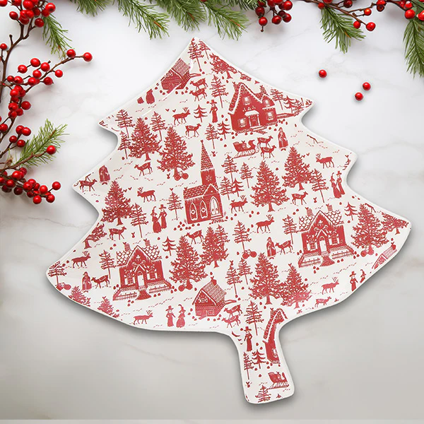Tree Shaped Toile Christmas Plates, Set of 2
