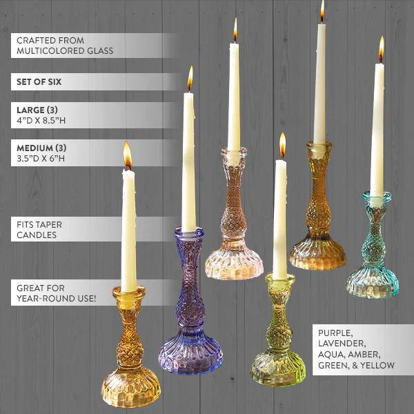 Multicolor Glass Taper Candle Holders, Set of Six