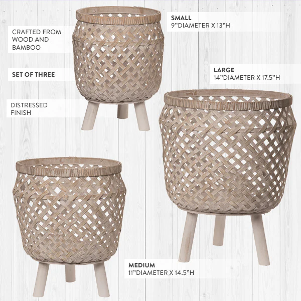 Lattice Bamboo Planters with Wooden Plant Stands, Set of 3