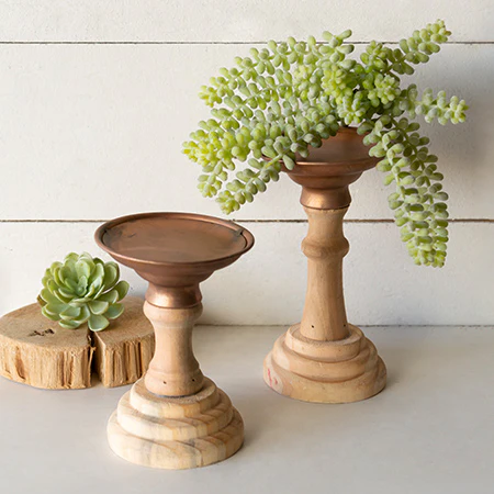 Wood and Copper Candle Holders, Set of 2