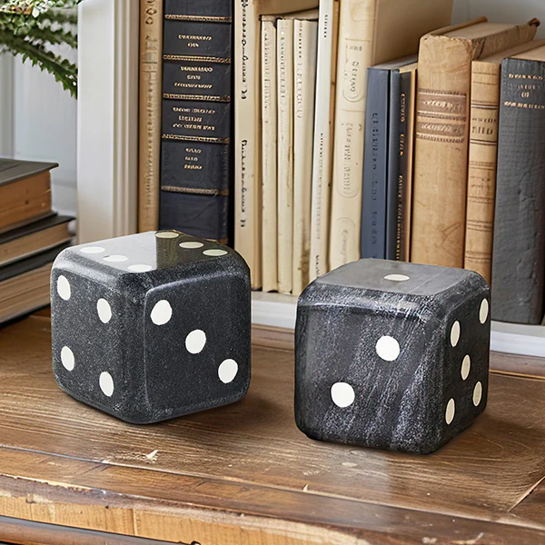Black Marble Dice Bookend, Set of Two