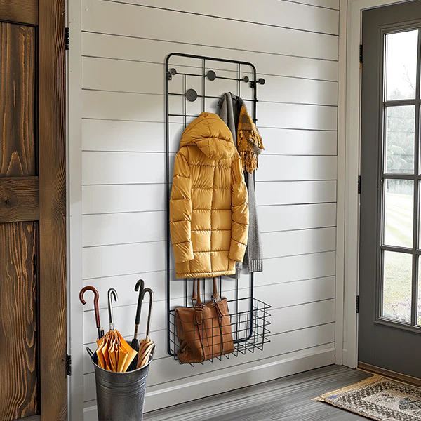 Wall Mounted Metal Coat Rack with Basket