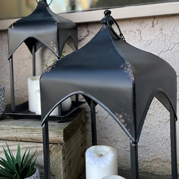 Distressed Black Iron Hanging Lanterns, Set of 2