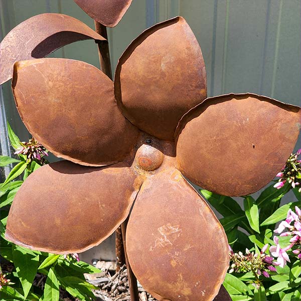 HUGE Rusted Patina Metal Flower Garden Stakes, Set of 2