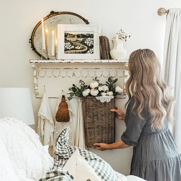 Rustic Farmhouse Wooden Wall Shelf with Five Hooks