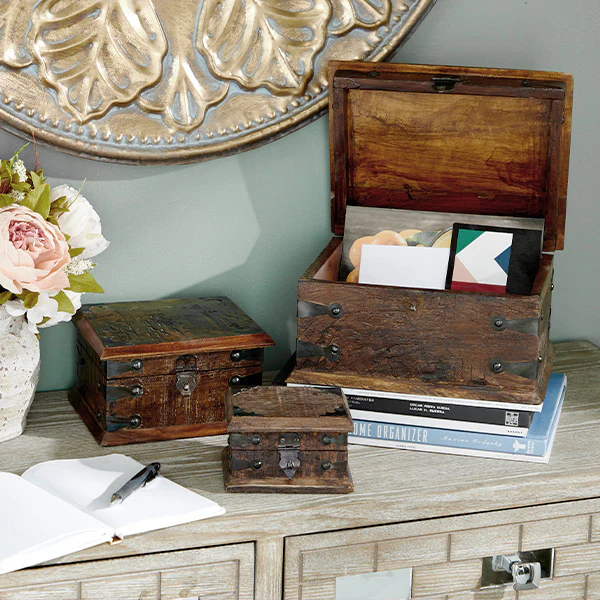 Reclaimed Wood Trunk Containers, Set of 3