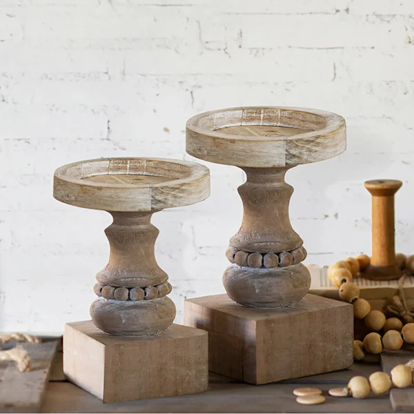 Whitewashed Beaded Candle Holders, Set of 2