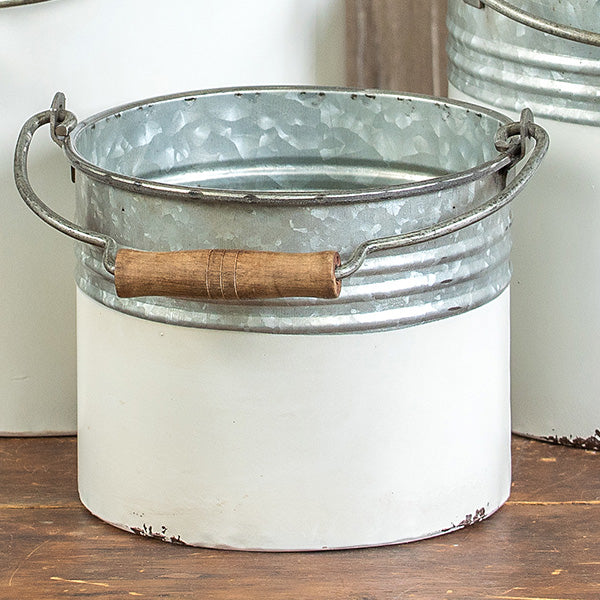 Galvanized Metal and White Buckets, Set of 3