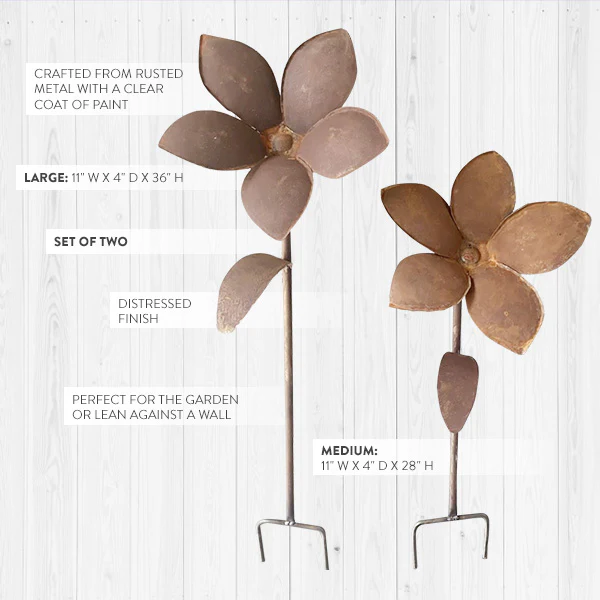 HUGE Rusted Patina Metal Flower Garden Stakes, Set of 2