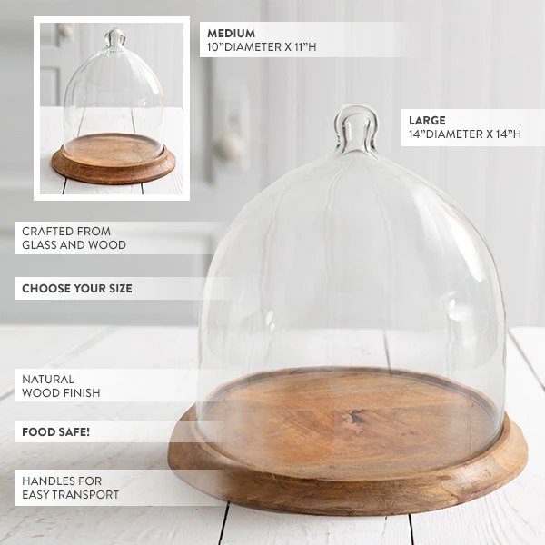 Oversized Glass Bell Shaped Cloche with Wood Base, Pick Your Size