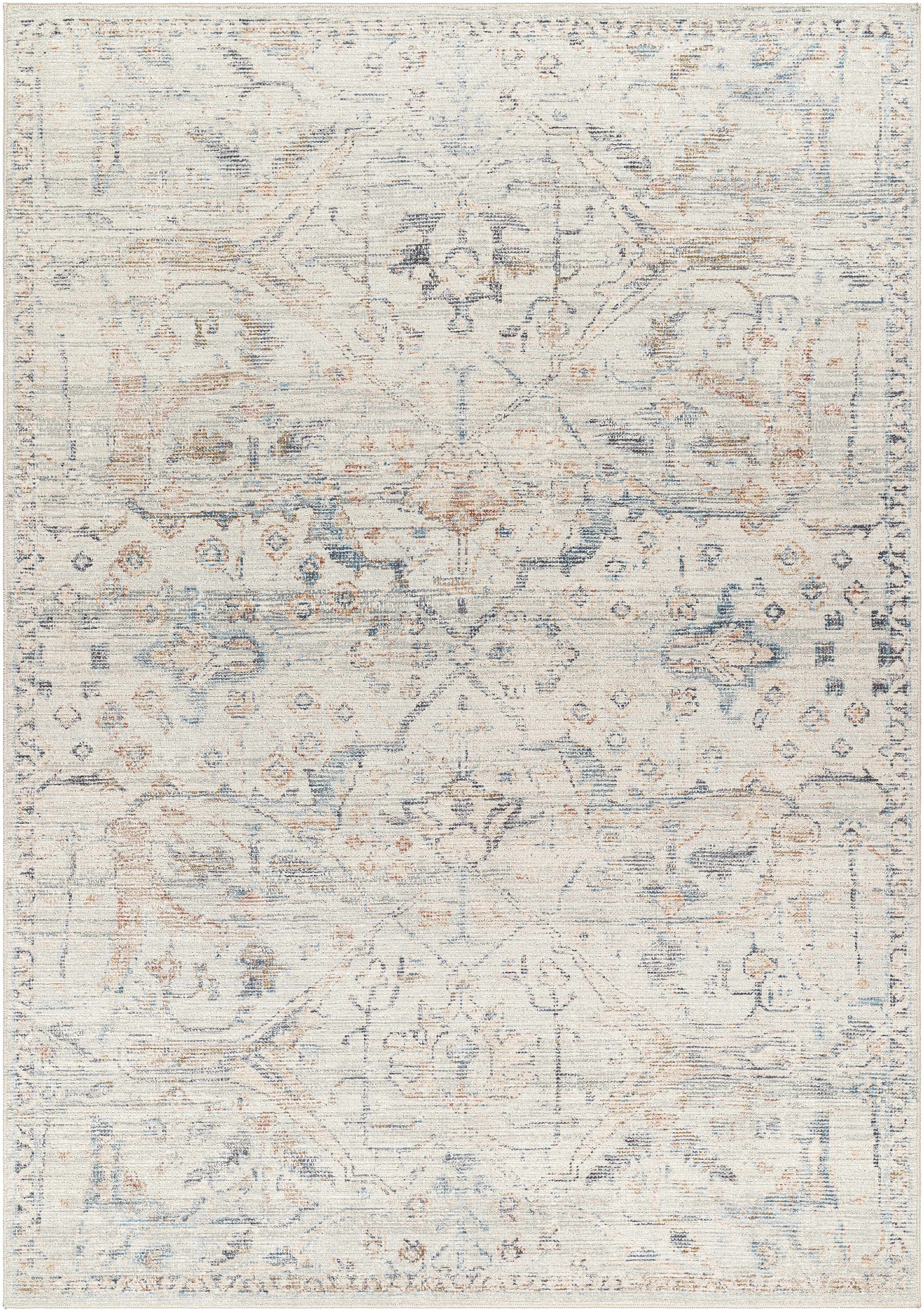 Damask Off White & Blue Area Rug