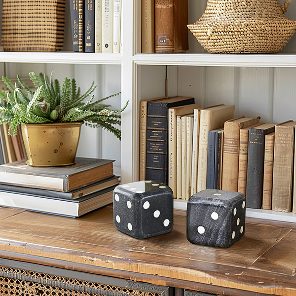 Black Marble Dice Bookend, Set of Two