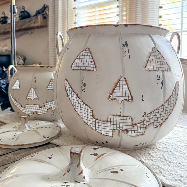 Distressed Jack-o-Lantern Candy Bucket with Lid, Set of Two