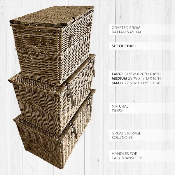 Oversized Rattan Storage Trunks with Handles, Set of 3