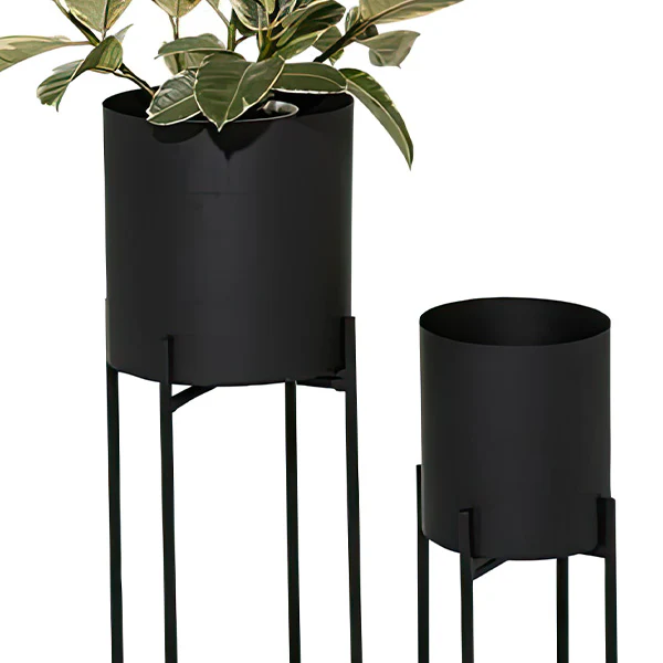 Tall Matte Black Metal Planters on Stands, Set of 2