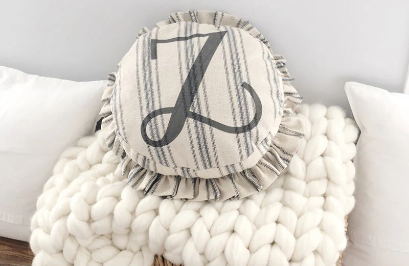 Ruffled Feedsack Monogrammed Pouf Pillow