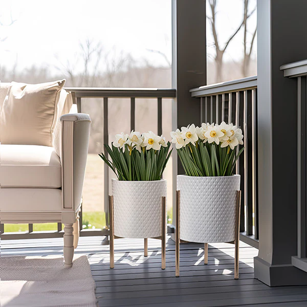 Embossed White Planter with Brass Finish Stands, Set of 2