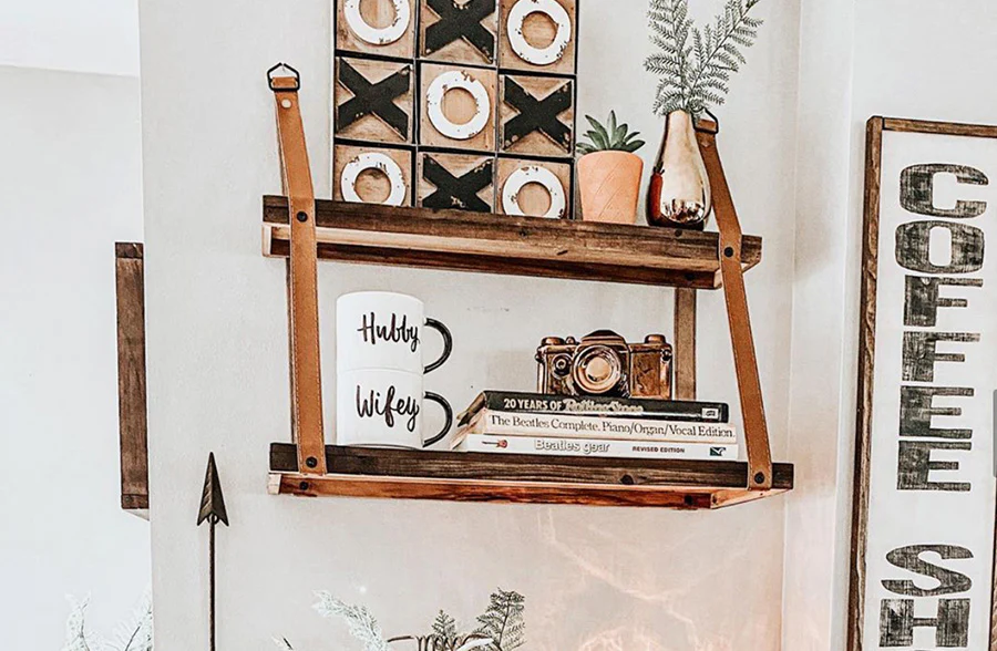 Floating Wall Shelf with Faux Leather Straps, Pick Your Size