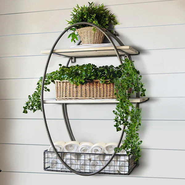 Metal and Reclaimed Wood Oval Wall Shelf